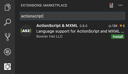 Screenshot of search for ActionScript & MXML extension