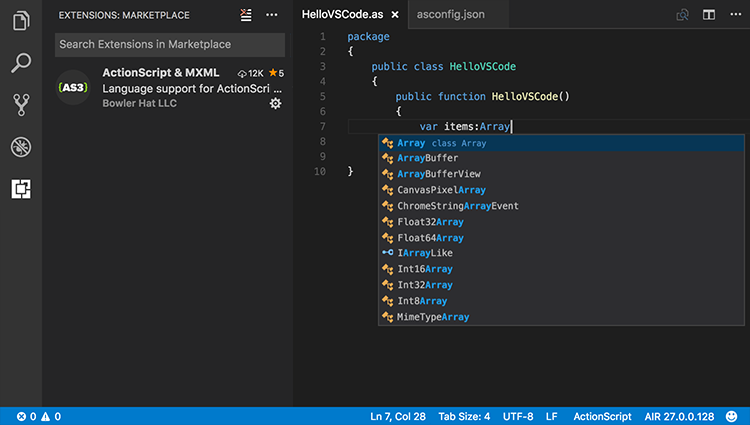Screenshot of ActionScript & MXML language extension for Visual Studio Code